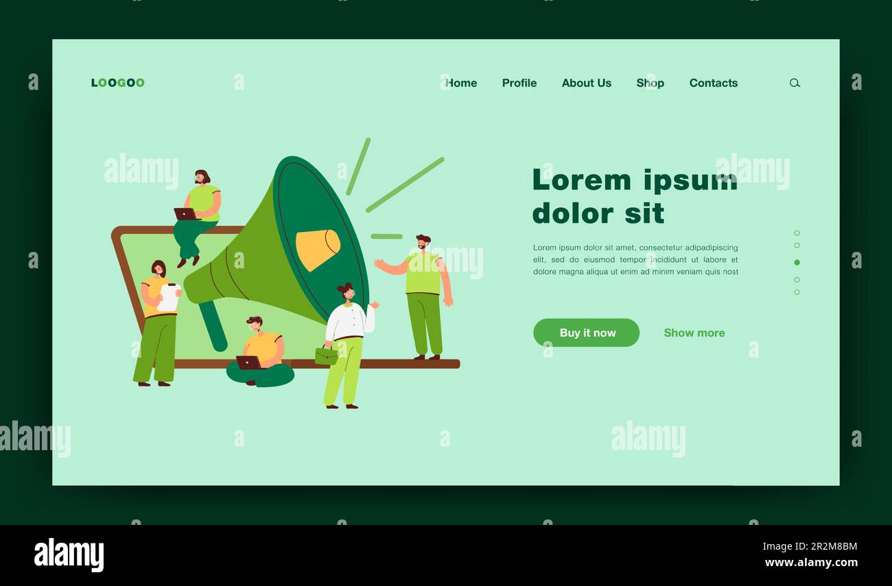 Cartoni animati piccoli gestori con altoparlante gigante e notebook Illustrazione Vettoriale