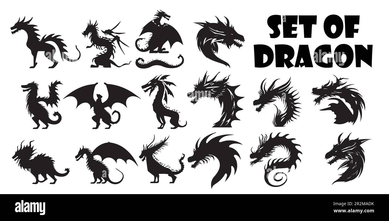 Una collezione di vettori di silhouette drago. Illustrazione Vettoriale
