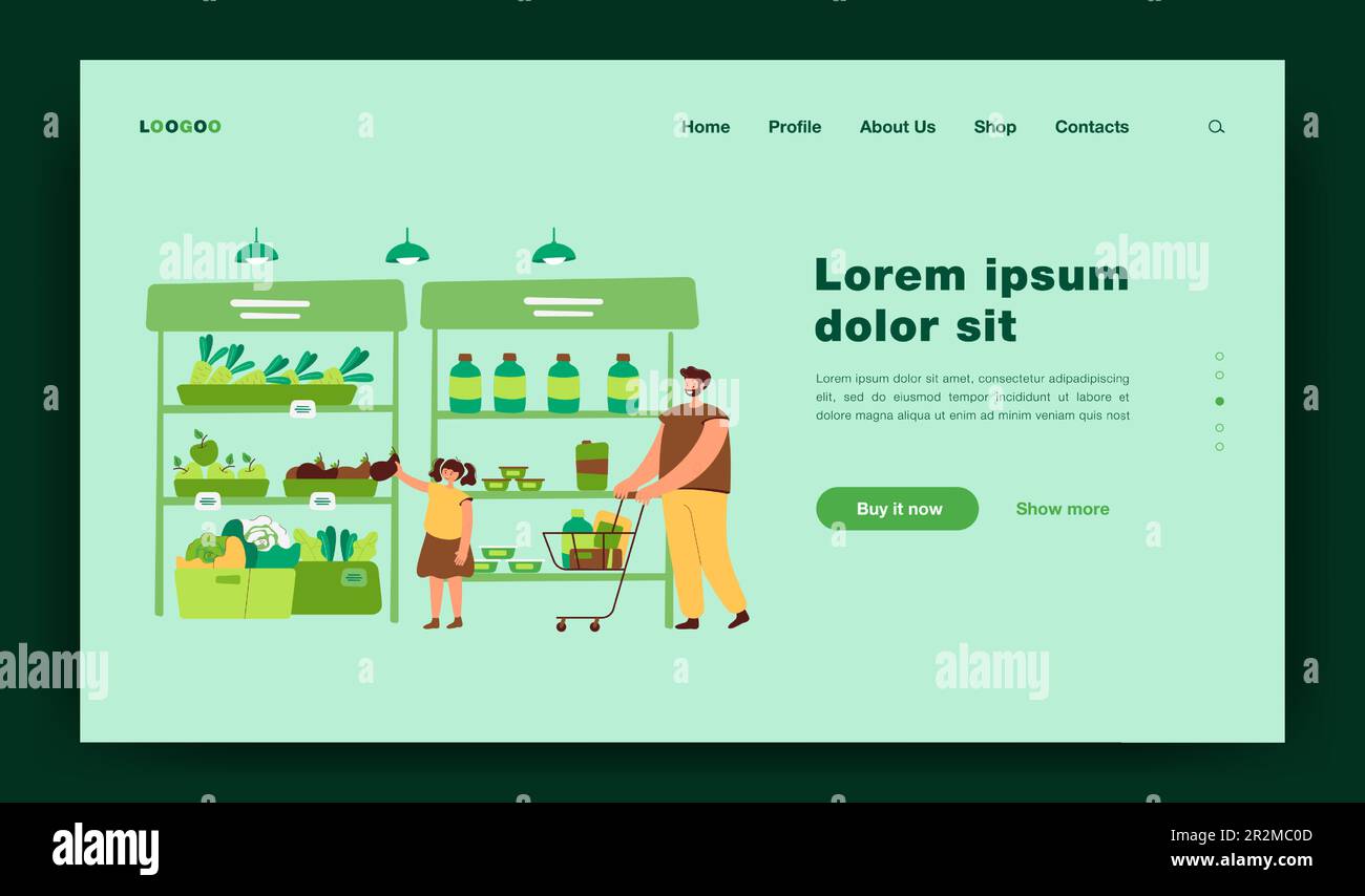 Buon padre e figlia che comprano cibo nel supermercato Illustrazione Vettoriale