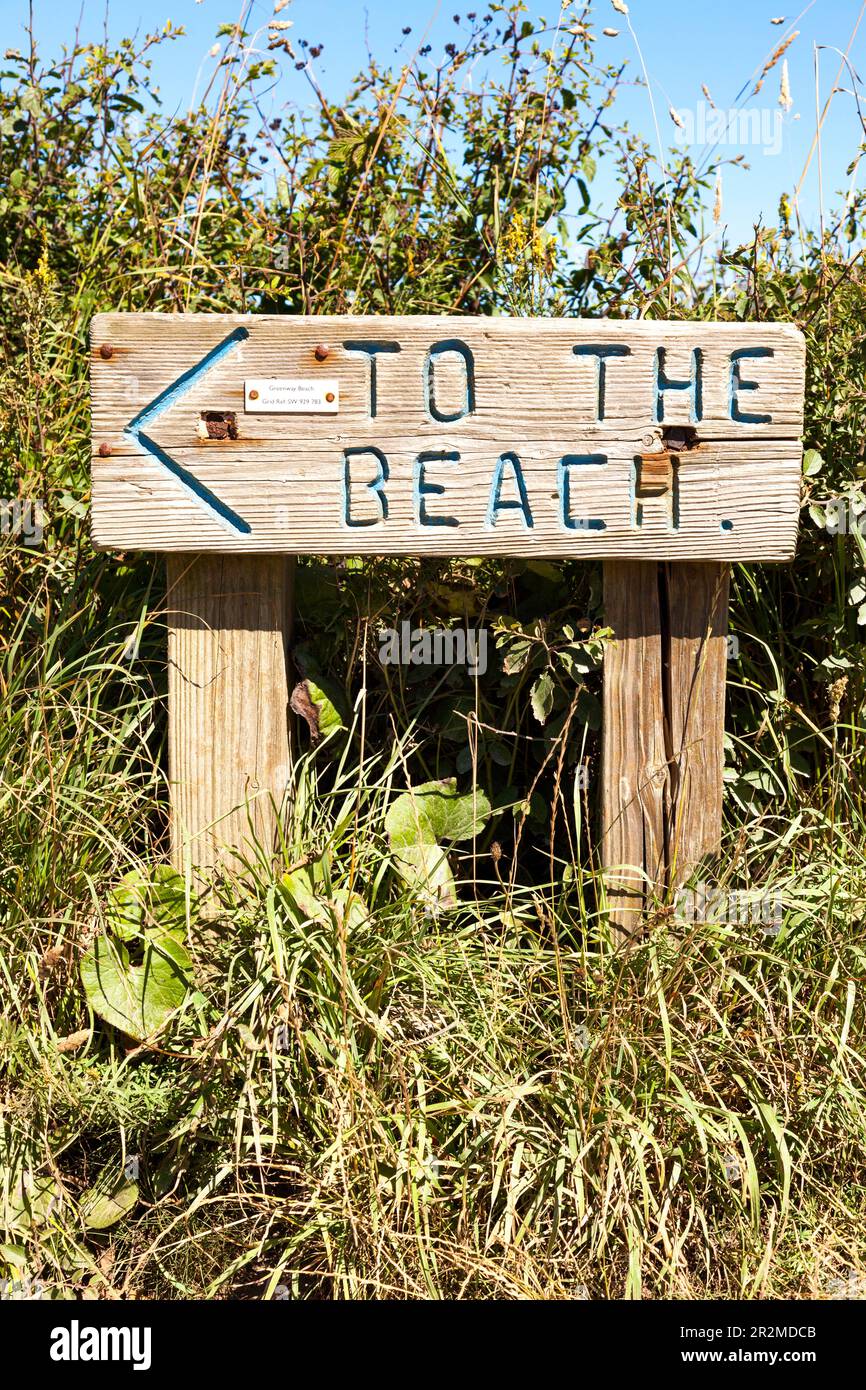 Per il cartello Beach in Cornwall, Inghilterra, Regno Unito Foto Stock