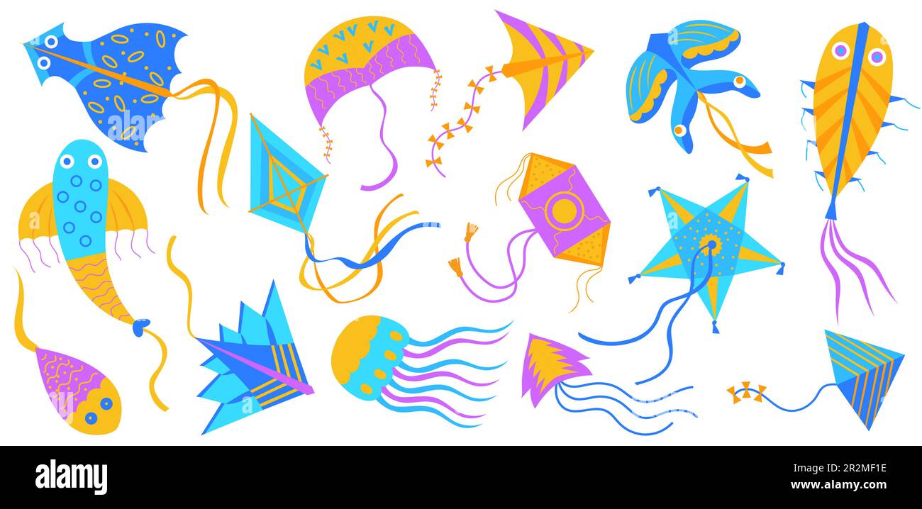 Colorful aquiloni volanti cartoni animati collezione di illustrazioni Illustrazione Vettoriale