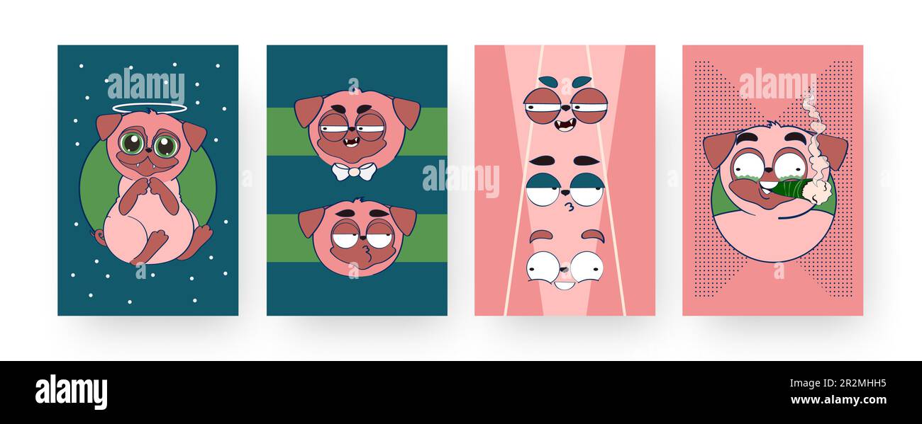 Set di poster di arte contemporanea con buffe pug Illustrazione Vettoriale