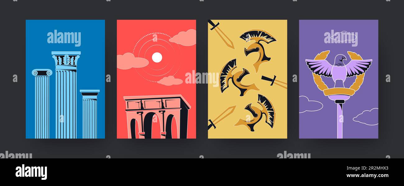 Set di manifesti d'arte contemporanea con antichi simboli di Roma Illustrazione Vettoriale