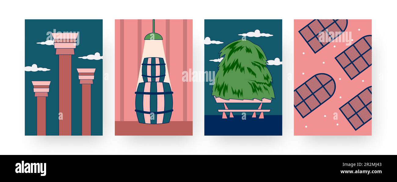 Set di manifesti di arte contemporanea con tema villagery Illustrazione Vettoriale