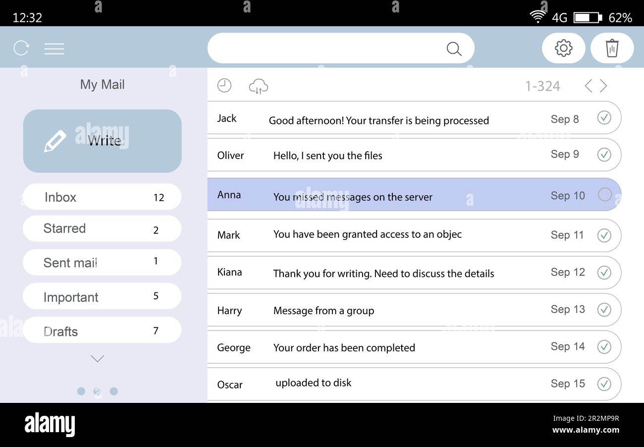 Interfaccia della mailbox, illustrazione. Account utente con e-mail Foto Stock