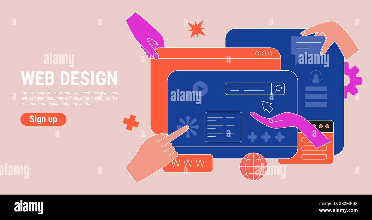 Web design agenzia. Riprogettazione del sito Web UI UX. Creazione della pagina dell'app. Contenuti creativi per le applicazioni. Creazione atterraggio. Conc. Ingegneria finestre browser computer Illustrazione Vettoriale