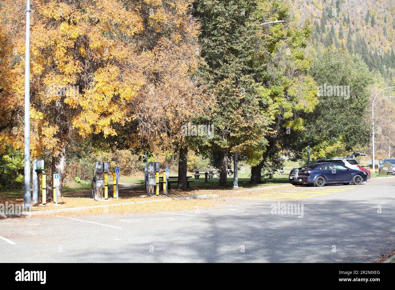 Area di sosta di Wire cache sull'autostrada 5 a sud di Avola, British Columbia, con stazioni di ricarica per veicoli elettrici, bagni a filo e segnali interpretativi. Foto Stock
