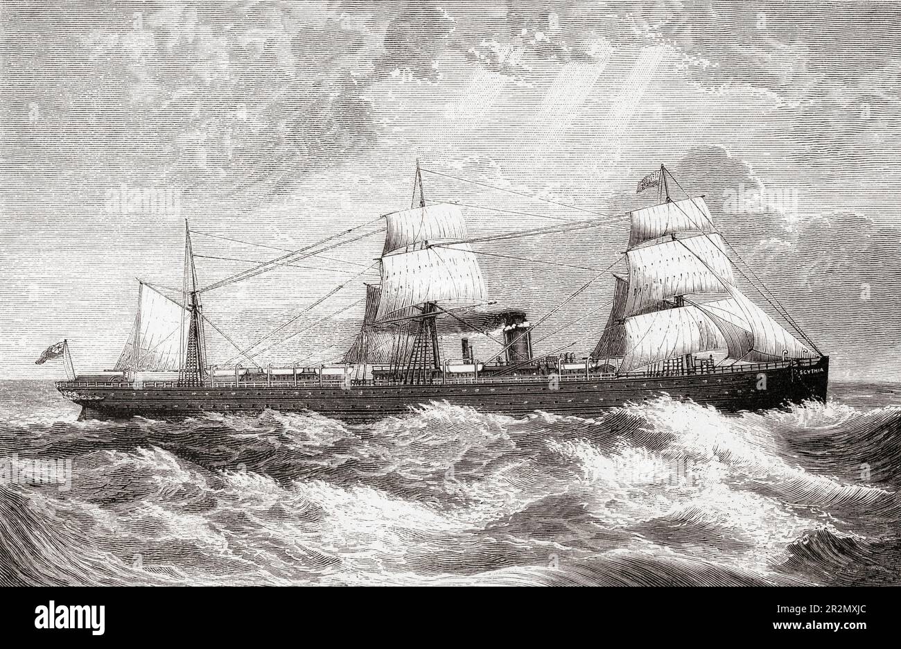 Scythia, nave a vapore del Cunard Comapny. Lanciata nel 1874, la Scythia navigò sempre sul servizio Liverpool - Boston/New York e fu finalmente discomposta in Italia nel 1899. Dall'America rivisitata: Dalla baia di New York al Golfo del Messico, pubblicato nel 1886. Foto Stock