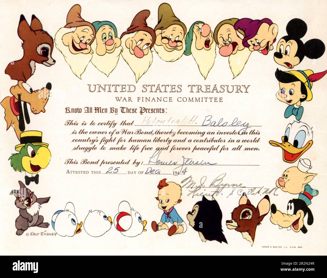 Vintage Walt Disney Company bond rilasciato per sostenere lo sforzo bellico della seconda guerra mondiale, Stati Uniti Foto Stock