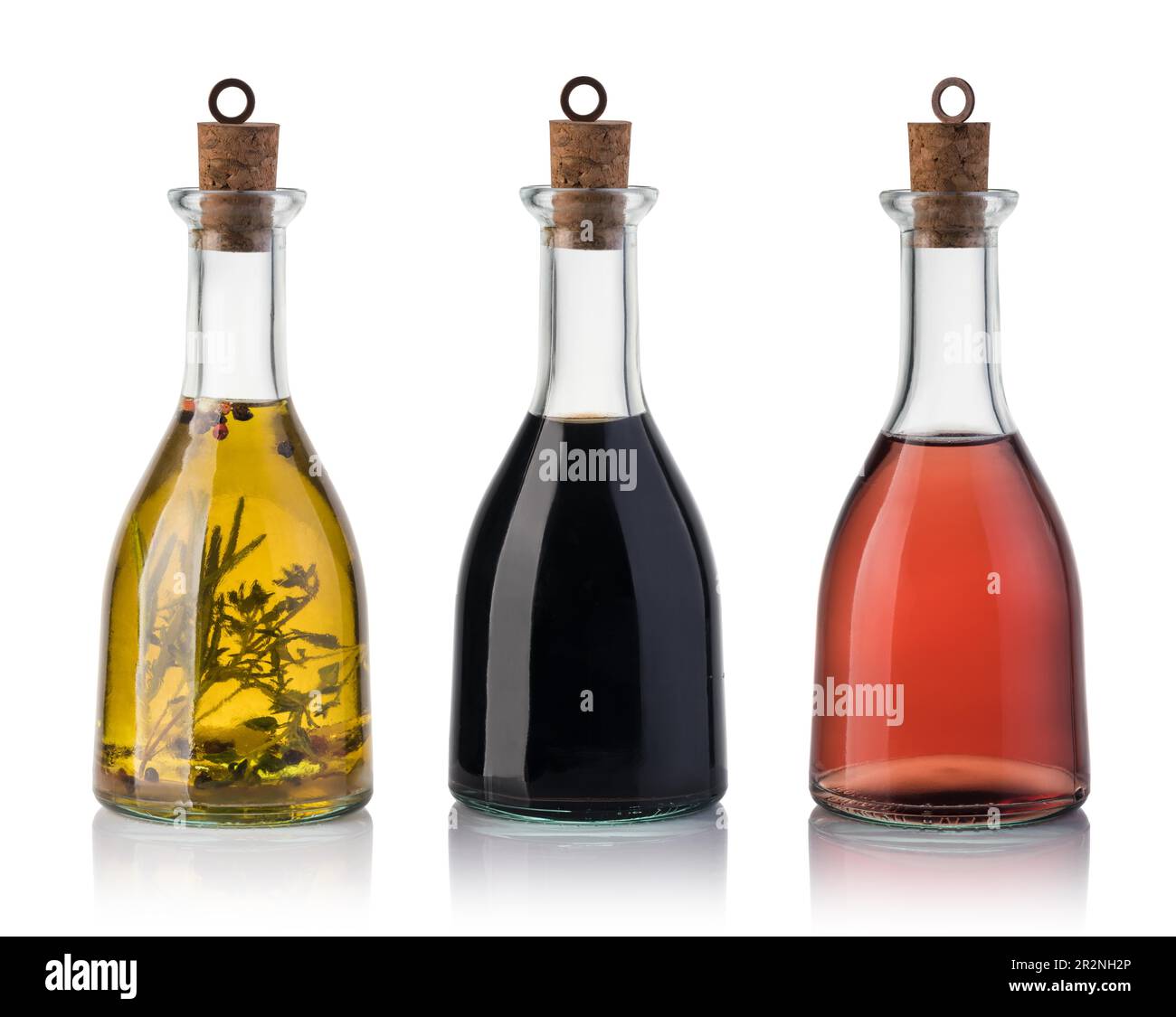 Bottiglia di olio di oliva e aceto isolati su sfondo bianco Foto Stock