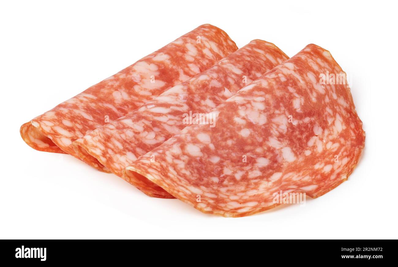 Salame, fetta isolati su sfondo bianco vista superiore Foto Stock