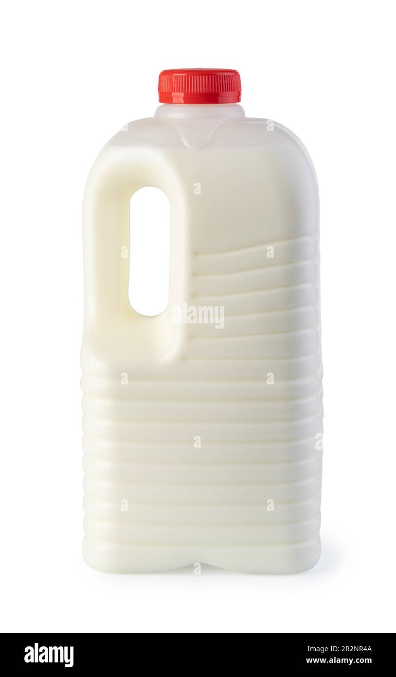 Latte in un contenitore in plastica isolato su bianco Foto Stock