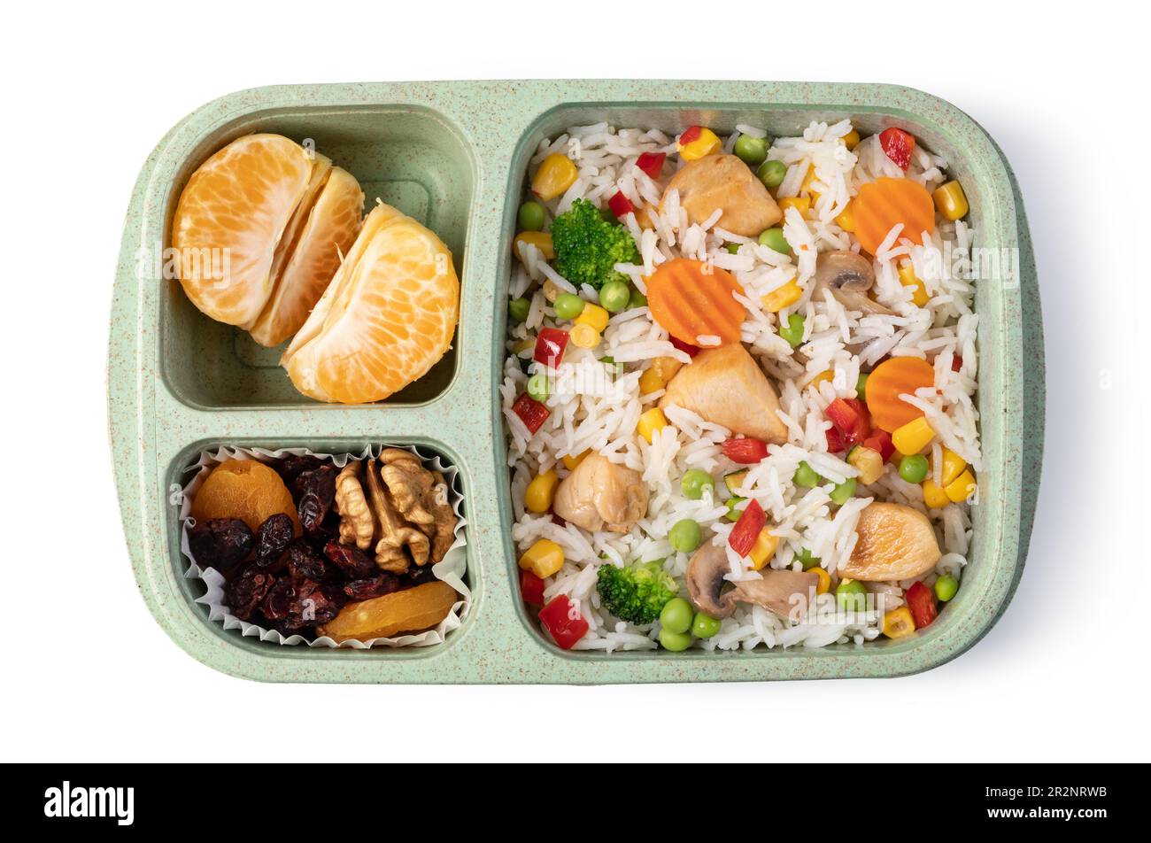 Pranzo al sacco con cibo delizioso isolato su uno sfondo bianco Foto Stock