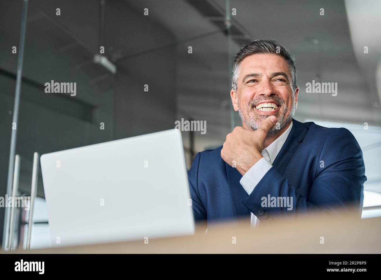 Felice uomo d'affari di mezza età che lavora su un notebook ridendo in ufficio. Foto Stock