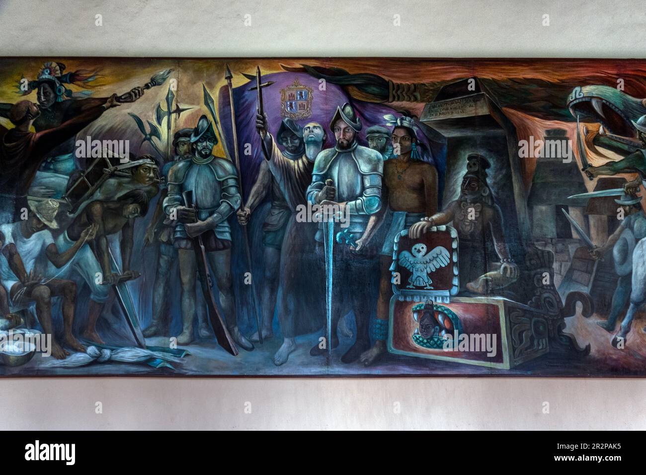 Murales nel Palacio Municipal nel quartiere Centro di Valladolid, Yucatan, Messico Foto Stock