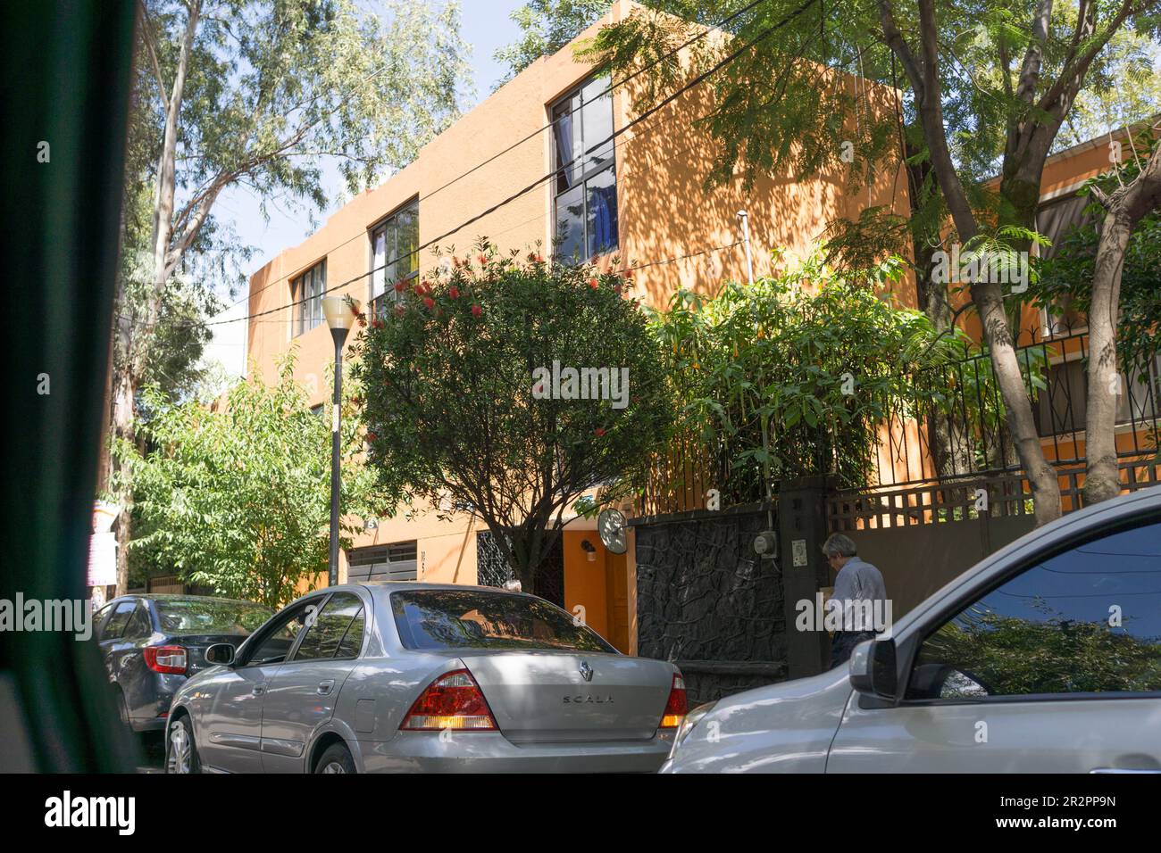 Case moderne a due piani su una strada alberata con auto parcheggiate e pedoni nel quartiere Coyoacan a Città del Messico. Foto Stock