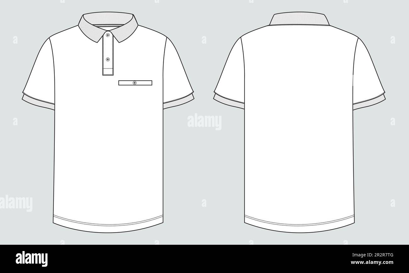 Maglia polo manica corta moda tecnica generale disegno modello disegno piano vista frontale e posteriore. abito di abbigliamento disegno vettoriale illustrazione mock up Illustrazione Vettoriale