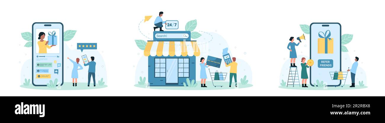 Programma di riferimento in linea e illustrazione del vettore di insieme di indennità. Fumetto persone piccole segnalare gli amici, promuovere raccomandazioni e pubblicare per i clienti interessati evento di marketing per aumentare l'interazione Illustrazione Vettoriale