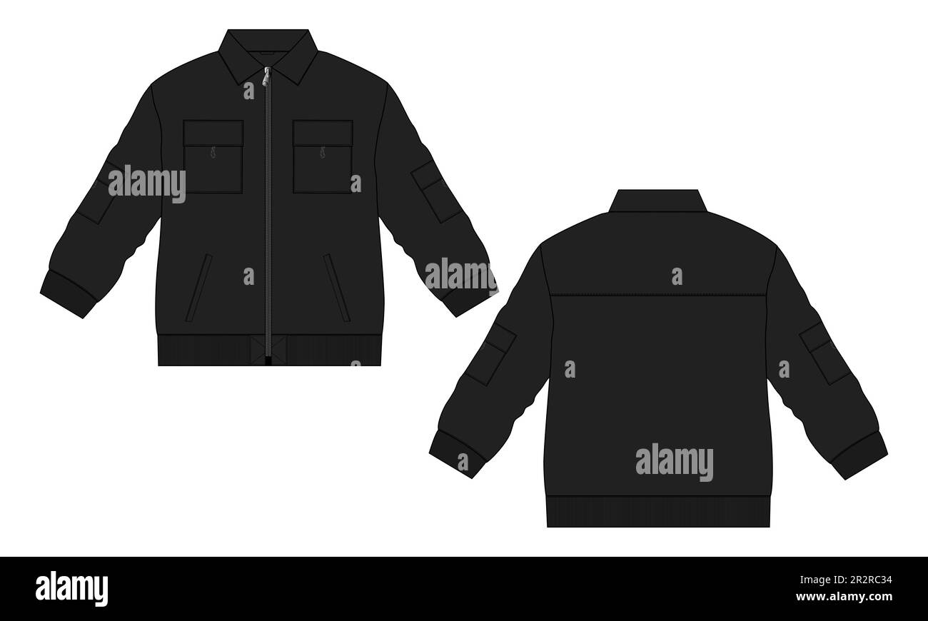 Bomber Jacket disegno tecnico disegno disegno disegno disegno piatto Moda modello di illustrazione vettoriale viste frontale e posteriore Illustrazione Vettoriale