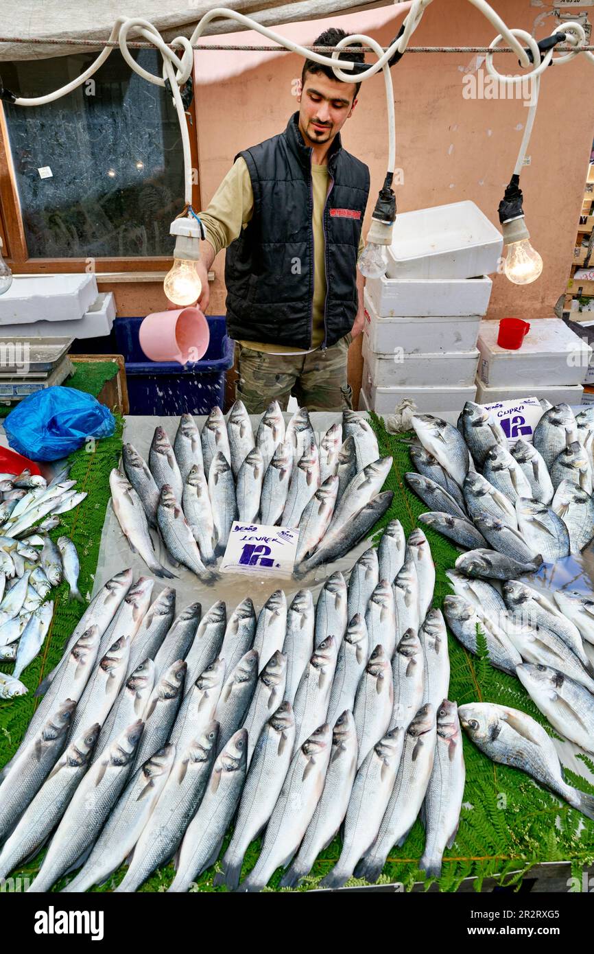 Istanbul Turchia. Pesce fresco al mercato di strada nel quartiere di Fatih Foto Stock