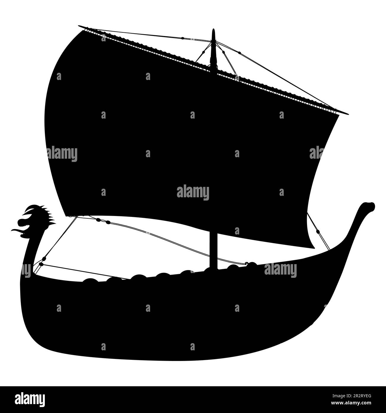 Vichingo scandinavo drakar silhouette. Nave Norman a vela. Illustrazione vettoriale isolata su sfondo bianco. Illustrazione Vettoriale
