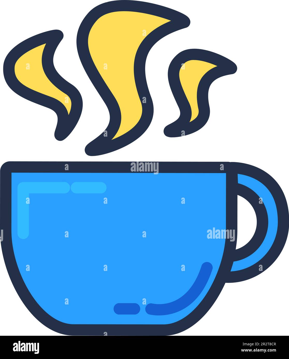 Tazza grande, tazza di caffè caldo, cacao con vapore. Ciotola profonda di zuppa istantanea per il pranzo di lavoro. Cibo e bevande per la pausa pranzo. Cartoon semplice fuori Illustrazione Vettoriale