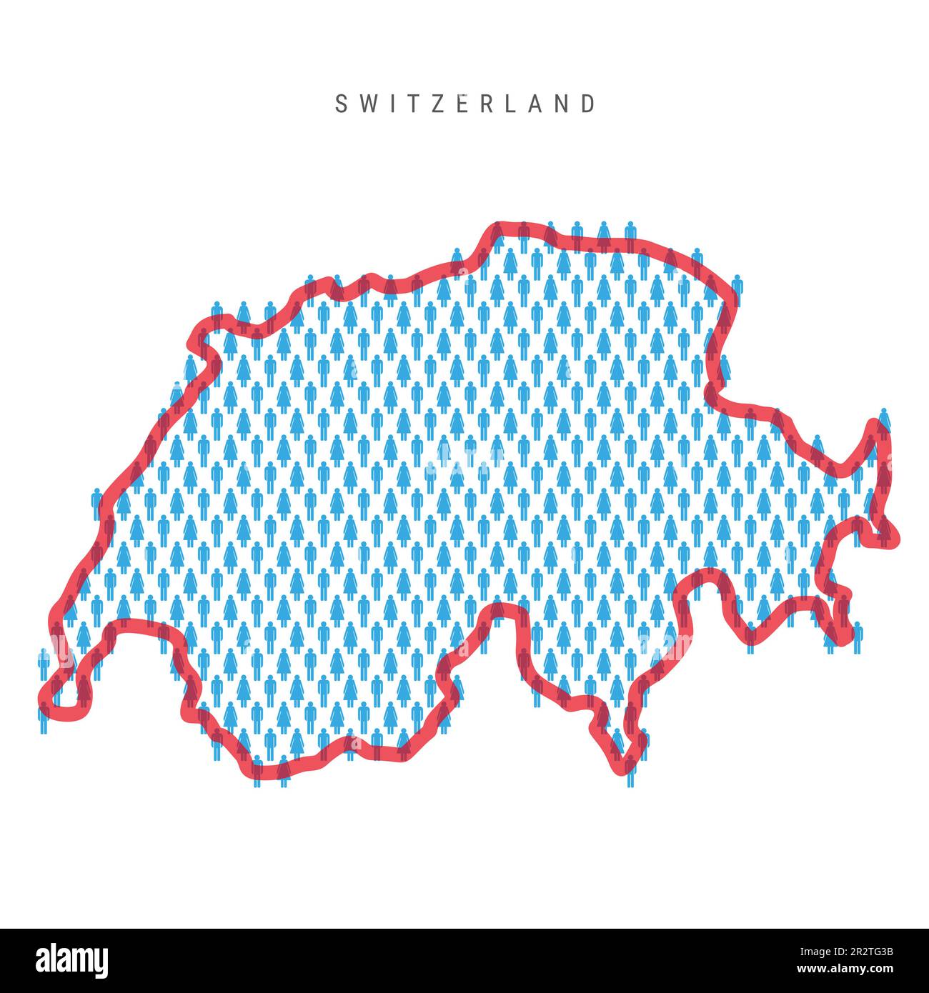 Mappa della popolazione della Svizzera. Bastone cifre Swiss People mappa con grassetto rosso traslucido confine paese. Modello di icone uomo e donna. Vettore isolato i Illustrazione Vettoriale