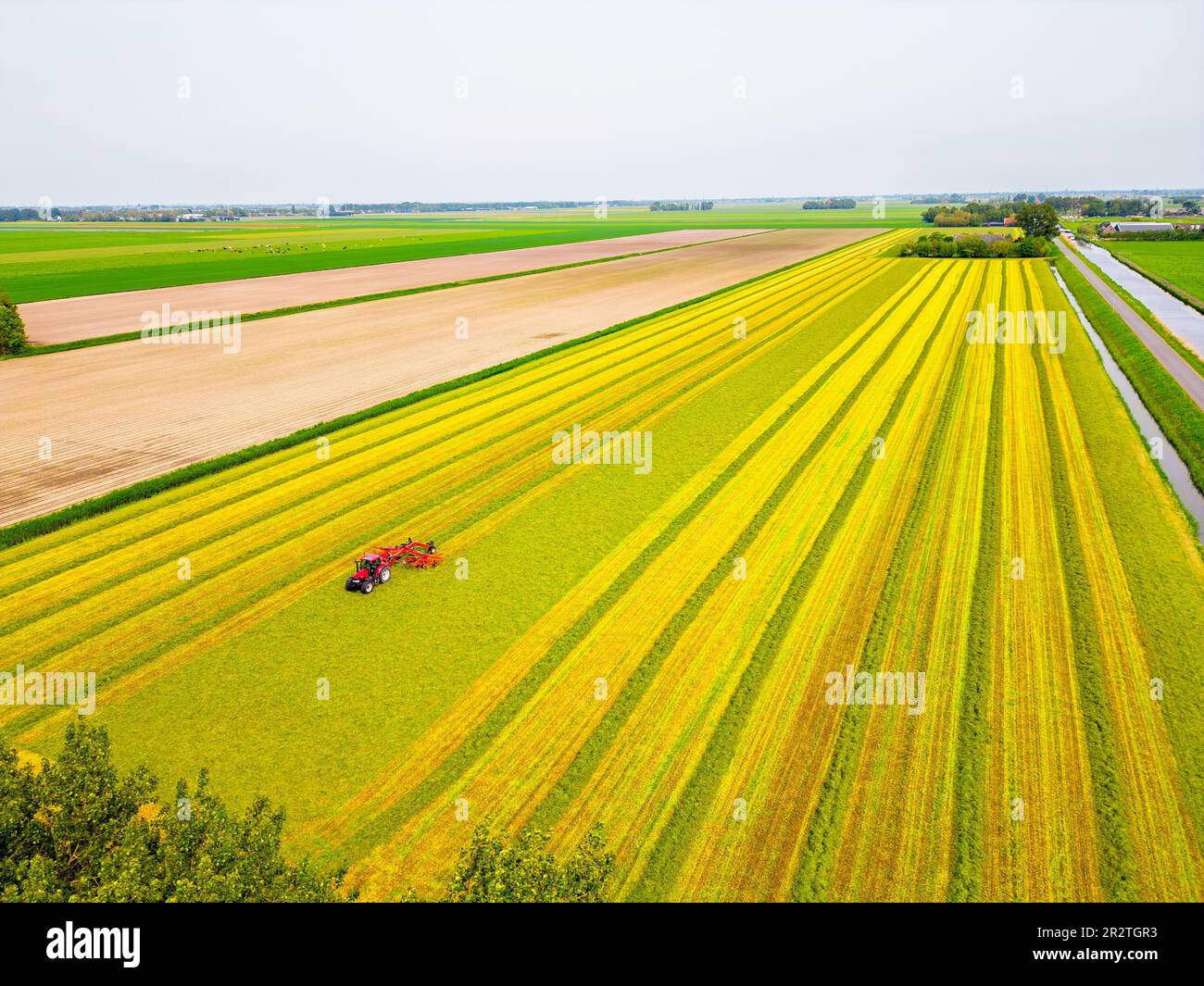 Punto di vista del drone ad angolo alto su Farmer con trattore che smista erba tagliata a Zuidschermer, Paesi Bassi il giorno di primavera overcast in maggio Foto Stock