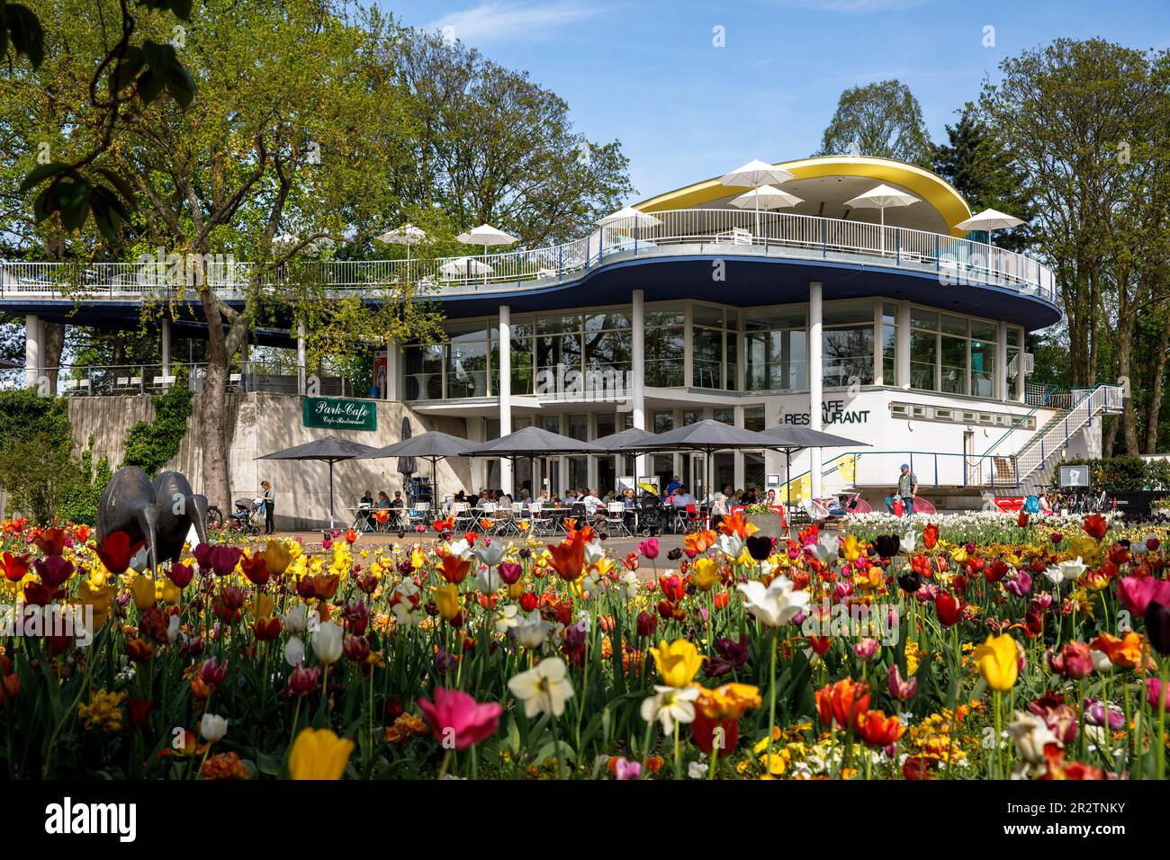 Lo storico Park Café nel Parco del Reno nel quartiere Deutz, zona ricreativa locale, letti con tulipani, Colonia, Germania. Das historische Park-Café Foto Stock