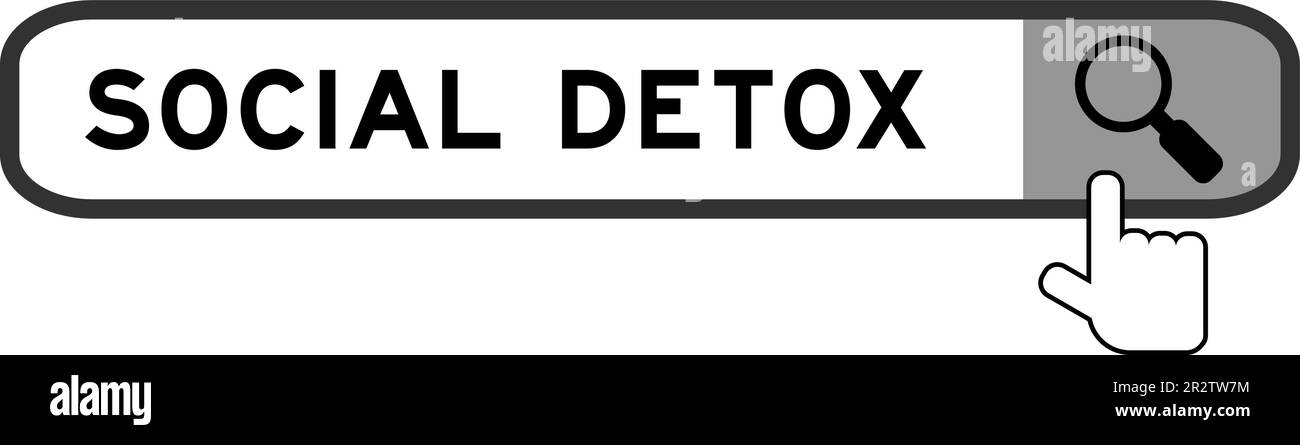 Banner di ricerca in parola detox sociale con mano sopra l'icona lente di ingrandimento su sfondo bianco Illustrazione Vettoriale