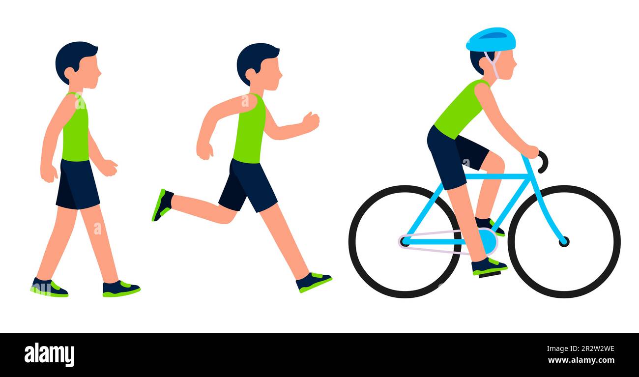 Uomo figura camminare, correre e andare in bicicletta. Livello di fitness e attività cardio. Semplice set di illustrazioni vettoriali in stile cartoon piano. Illustrazione Vettoriale