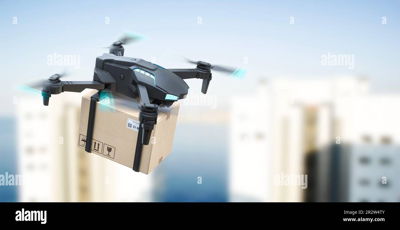 Drone di consegna volante con scatola di cartone. Concetto di consegna rapida. illustrazione 3d Foto Stock