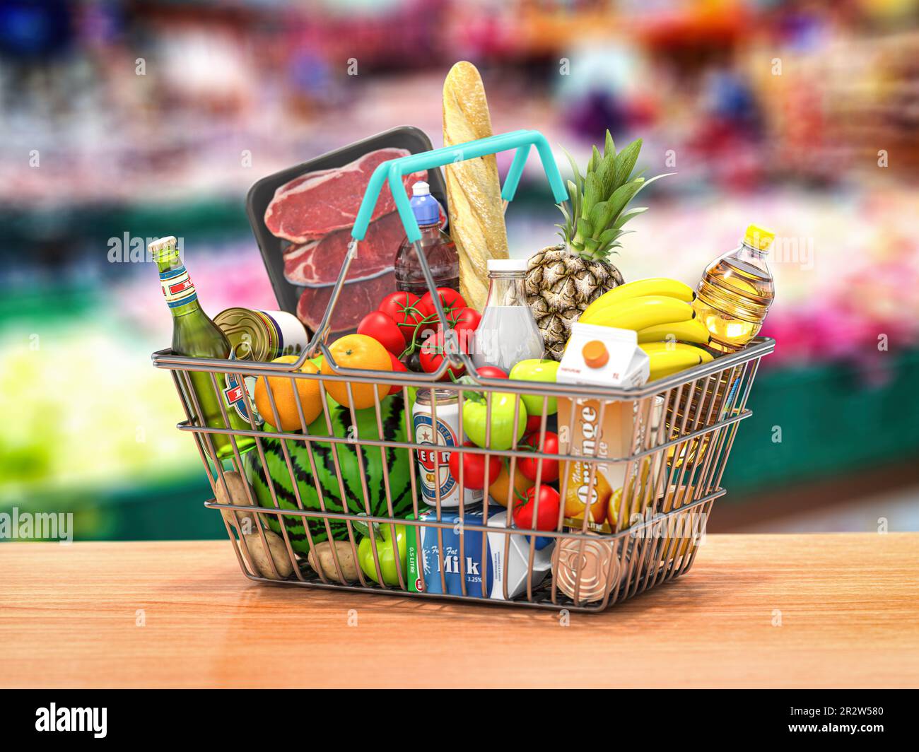 Cestino con cibi freschi in un supermercato. Cibo e mangia online acquisto e consegna concetto. illustrazione 3d Foto Stock