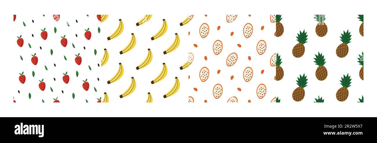 Set di motivi senza cuciture con frutti tropicali. Stampa colorata e trendy per tessuti e texture. Illustrazione Vettoriale