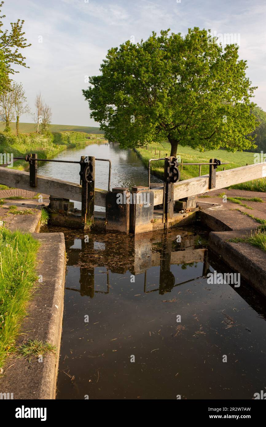 Blocca e blocca i cancelli a Tyrley Locks sul canale Shropshire Union in Inghilterra. Alberi riflessi in acqua ferma in una mattina di sole Foto Stock