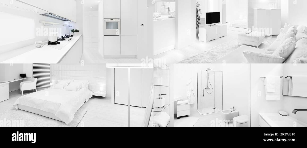Casa interni moderni. Collage con camera da letto, soggiorno, cucina e bagno immagini. Design degli interni con arredi minimalisti e contemporanei Foto Stock