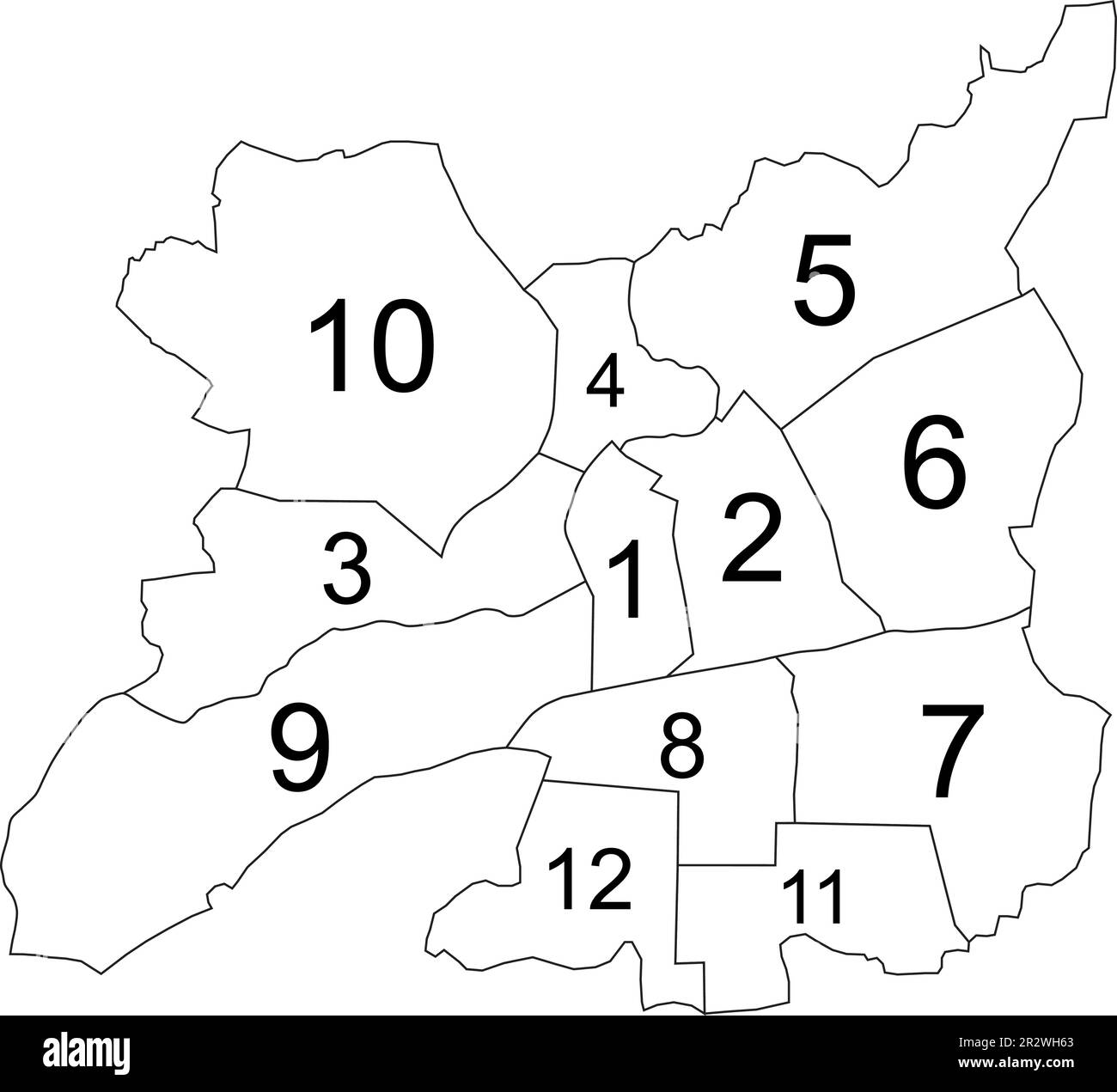 Mappa amministrativa vettoriale piatta bianca di RENNES, FRANCIA con nomi e linee di confine nere dei suoi quartieri Illustrazione Vettoriale