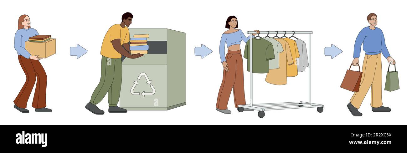 Riciclaggio di tessuti e tessuti. Persone piatte donare, smistare e cadere vecchi abiti usati in lattina per il riciclo. Scambiare o acquistare indumenti sostenibili da materiali riciclati. Concetto di moda eco-friendly. Illustrazione Vettoriale