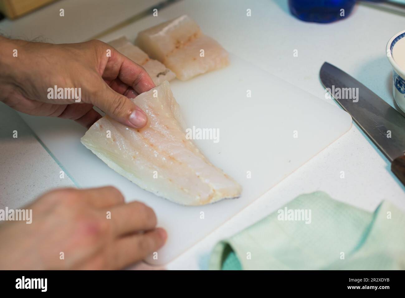 Mano umana che tiene un pezzo fresco di nasello per cucinare. Kitcken Foto Stock