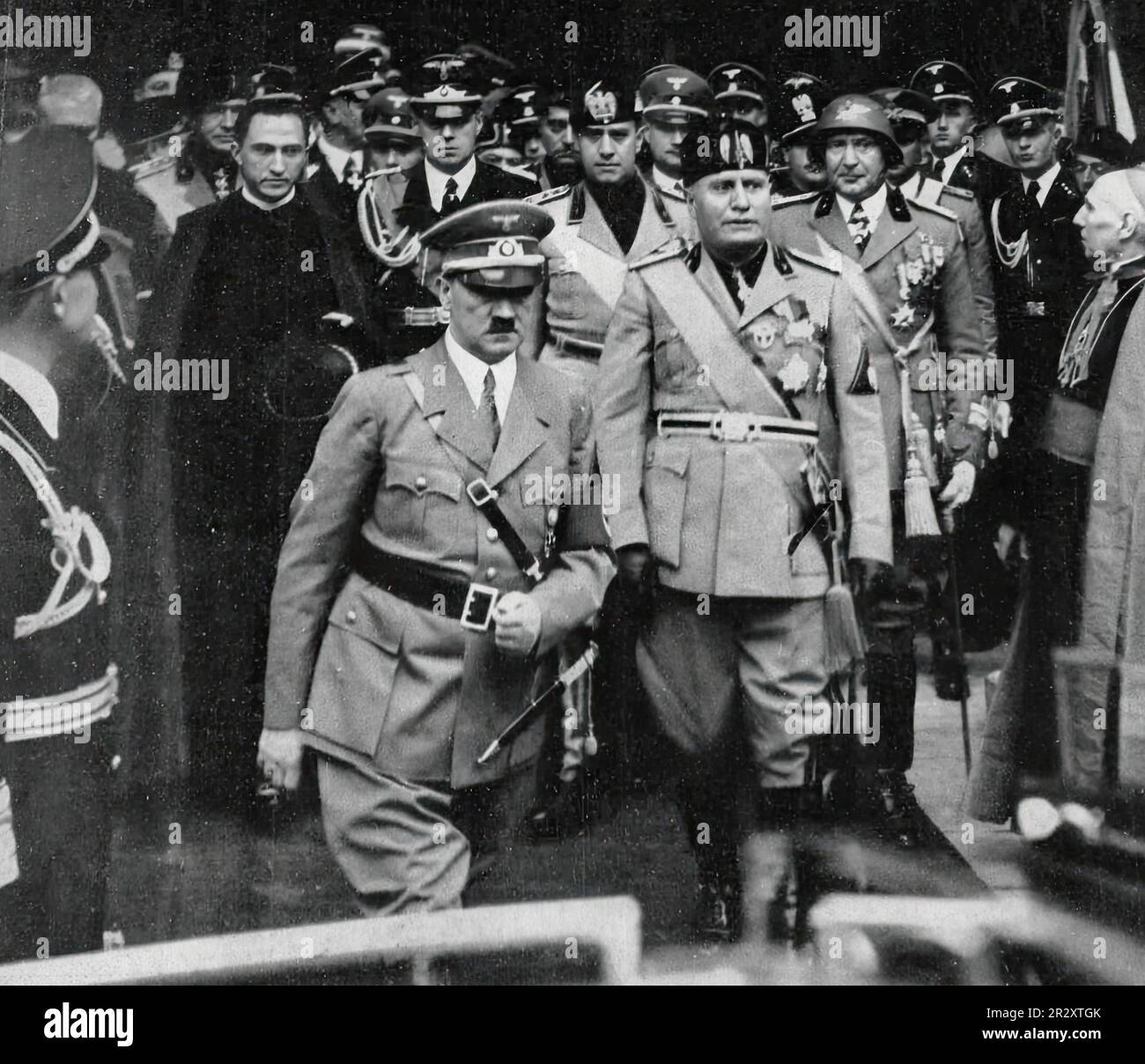 Incontro del dittatore italiano Benito Mussolini con il dittatore nazista Hitler in Italia nel 1938 Foto Stock