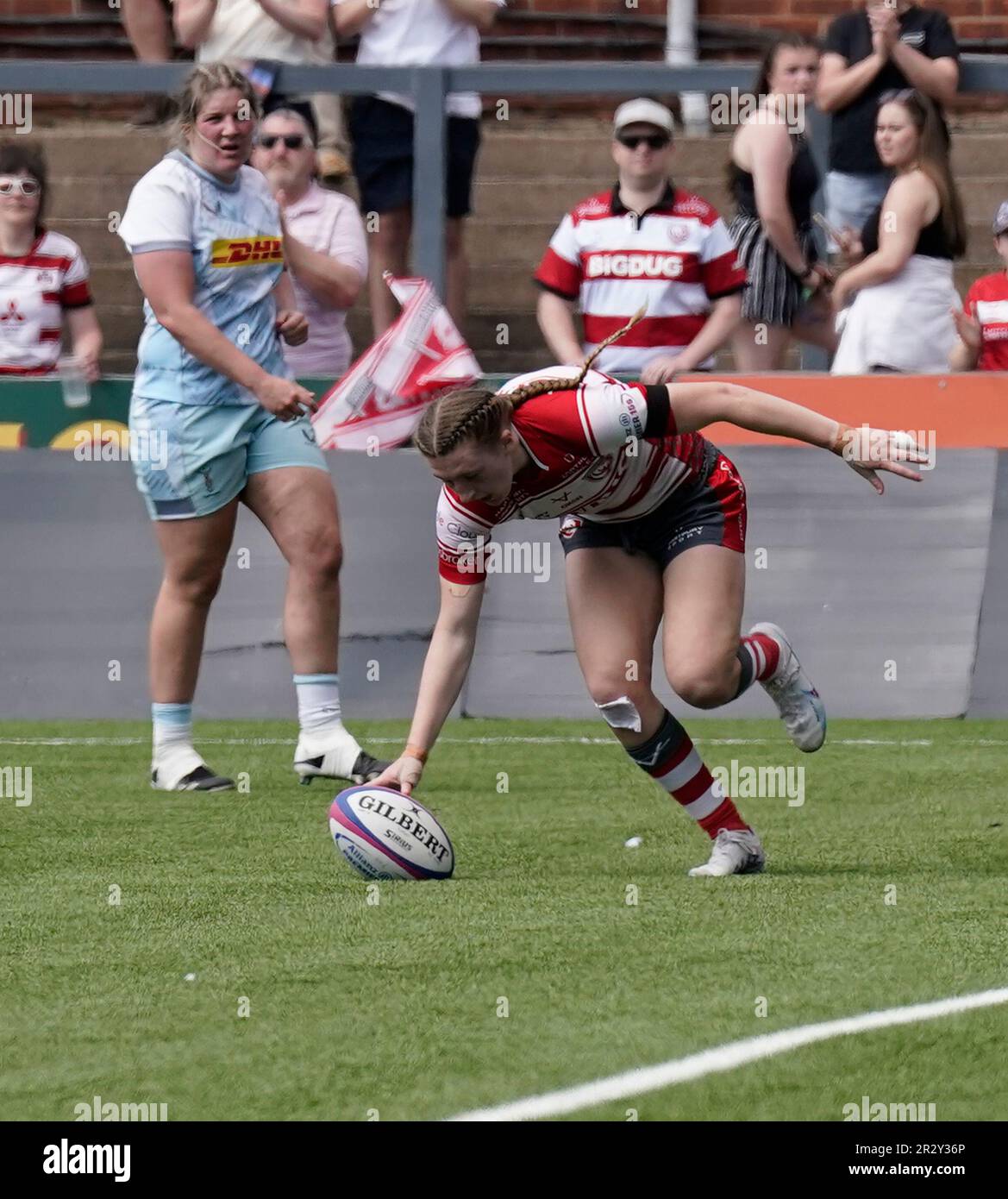 Gloucester,UK, 21 maggio 2023 i punteggi di Emma Sing (Gloucester) provano durante il Gloucester Hartpury v Harlequins di Allianz Premier 15 al Kingsholm Stadium Gloucester Regno Unito il 21 2023 maggio Alamy Live News Punteggio finale: 67-14 Credit: Graham Glendinning / GlennSports/Alamy Live News Foto Stock