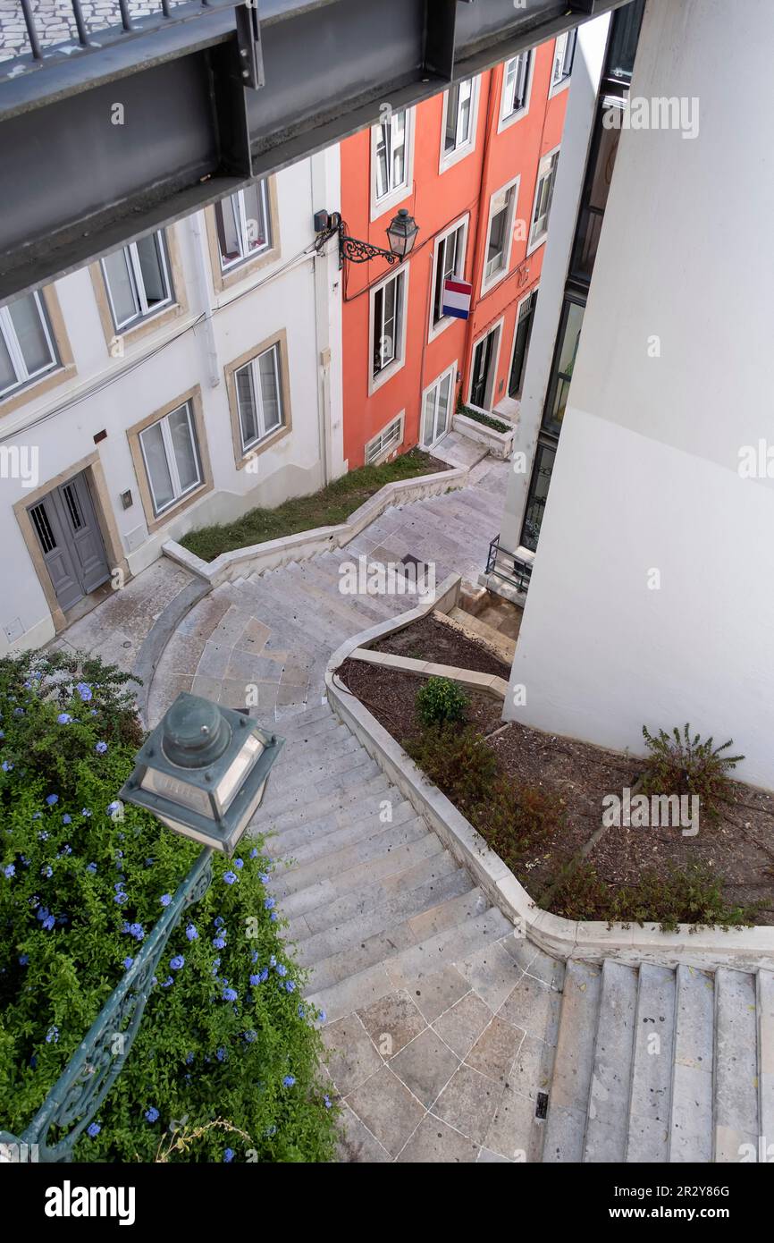 uno stretto vicolo con scale tra case colorate nel quartiere di alfama, ripido vicolo visto dall'alto, lisbona, portogallo, verticale Foto Stock