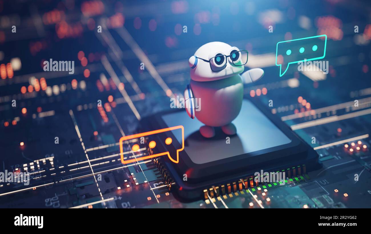 Simpatico robot ai copilot Conversational con bolla vocale, rendering 3D Foto Stock