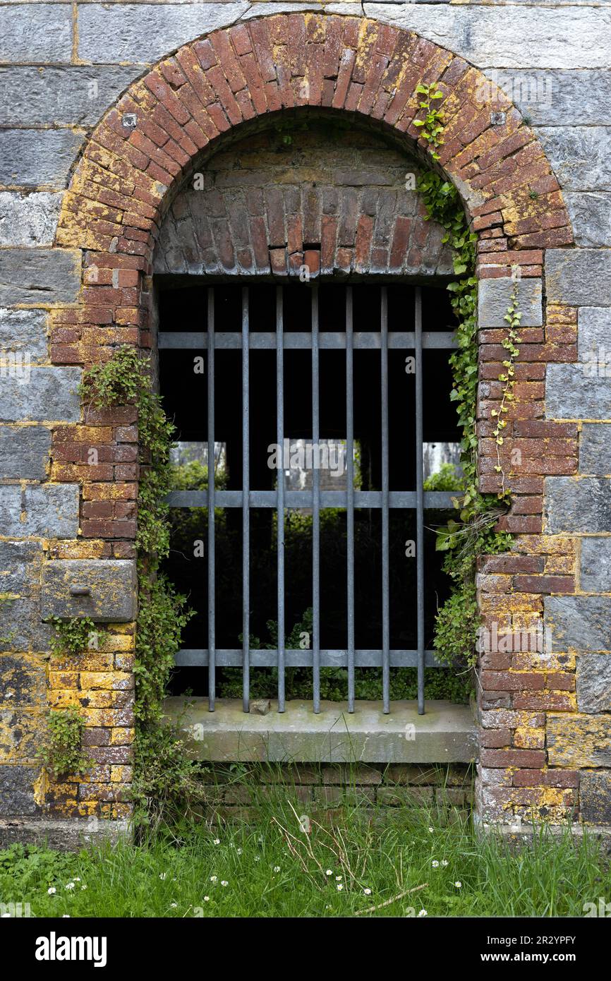 Bar sulla finestra di una vecchia prigione a Spike Island nella contea di Cork, Irlanda. Foto Stock