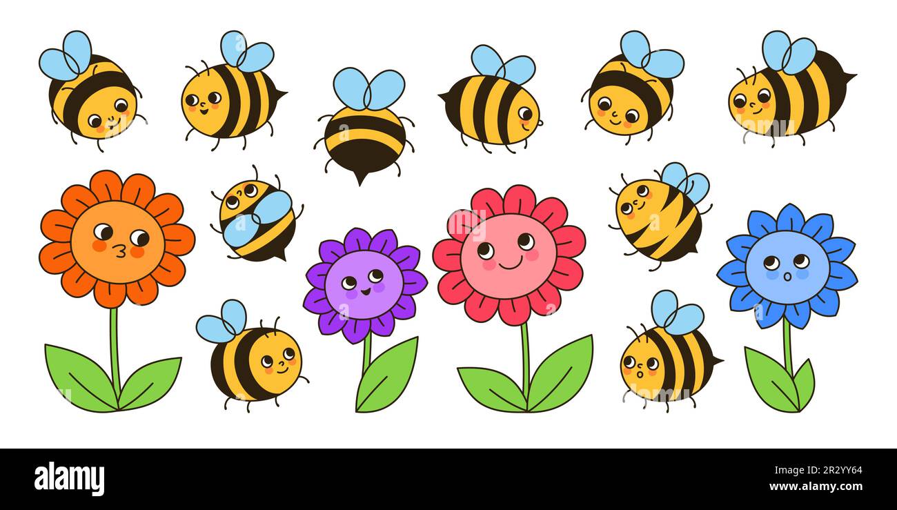 Bee miele personaggi e fiori retro cartone animato. Fumetti bambini honeybee insetti mascotte personaggi con volti divertenti. Cute mano disegnata estate comic smiley striato api doodle disegno vettore illustrazione Illustrazione Vettoriale