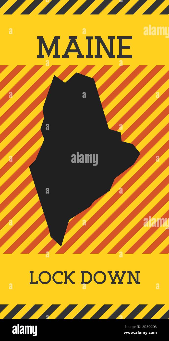 Cartello di blocco del Maine. Icona gialla di pericolo per la pandemia di stato statunitense. Illustrazione vettoriale. Illustrazione Vettoriale