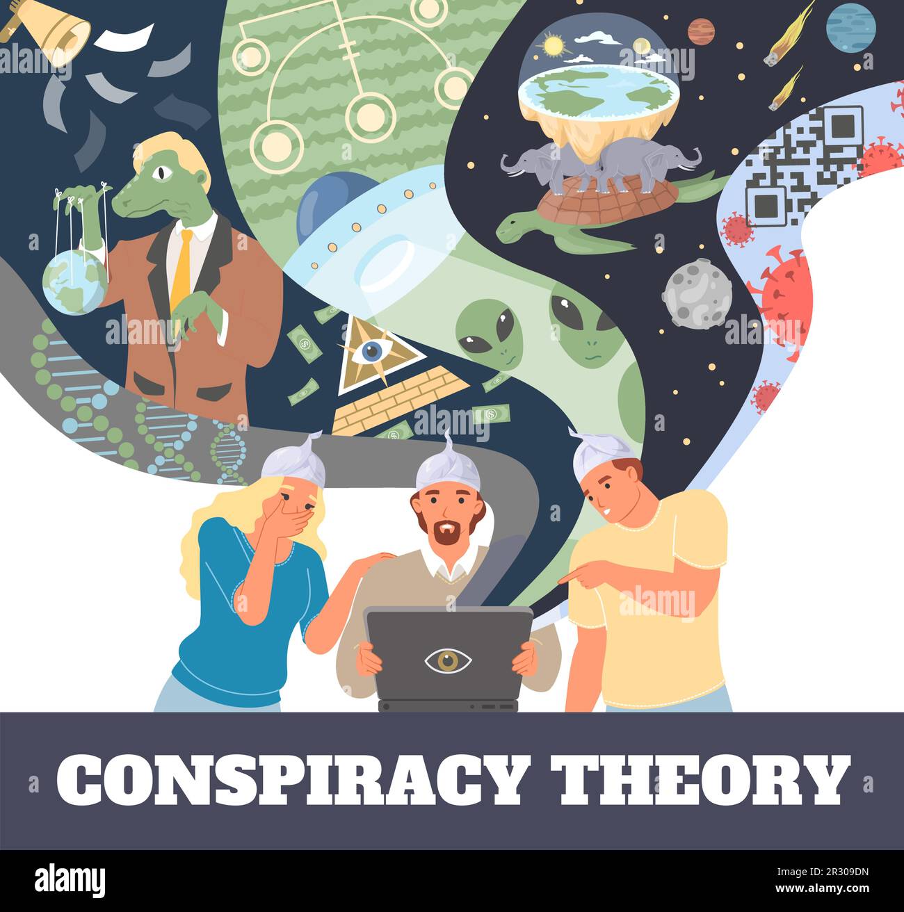 Poster di teoria della cospirazione con personaggi che diffondono informazioni false Illustrazione Vettoriale