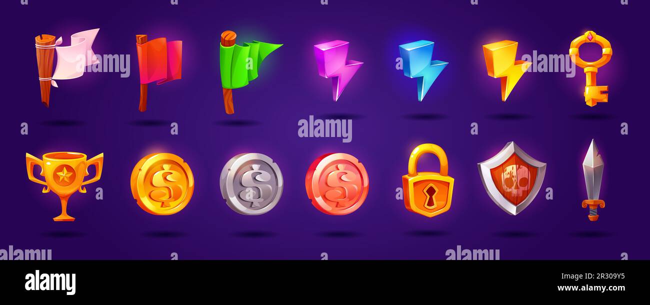 Icone di gioco UI di monete, chiave, trofeo, coppa d'oro, scudo e spada. Icone di denaro, fulmini, bandiere e lucchetto isolati sullo sfondo, set di cartoni animati vettoriali Illustrazione Vettoriale