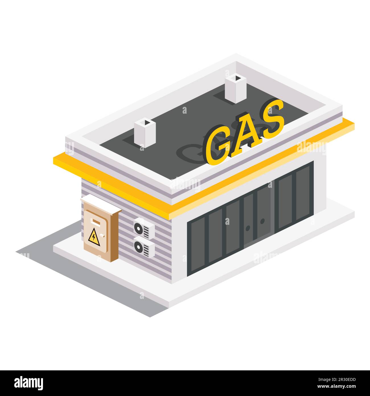 Esterno della stazione di servizio. Edificio moderno isolato isometrico. Elemento infografico. Illustrazione vettoriale. Illustrazione Vettoriale