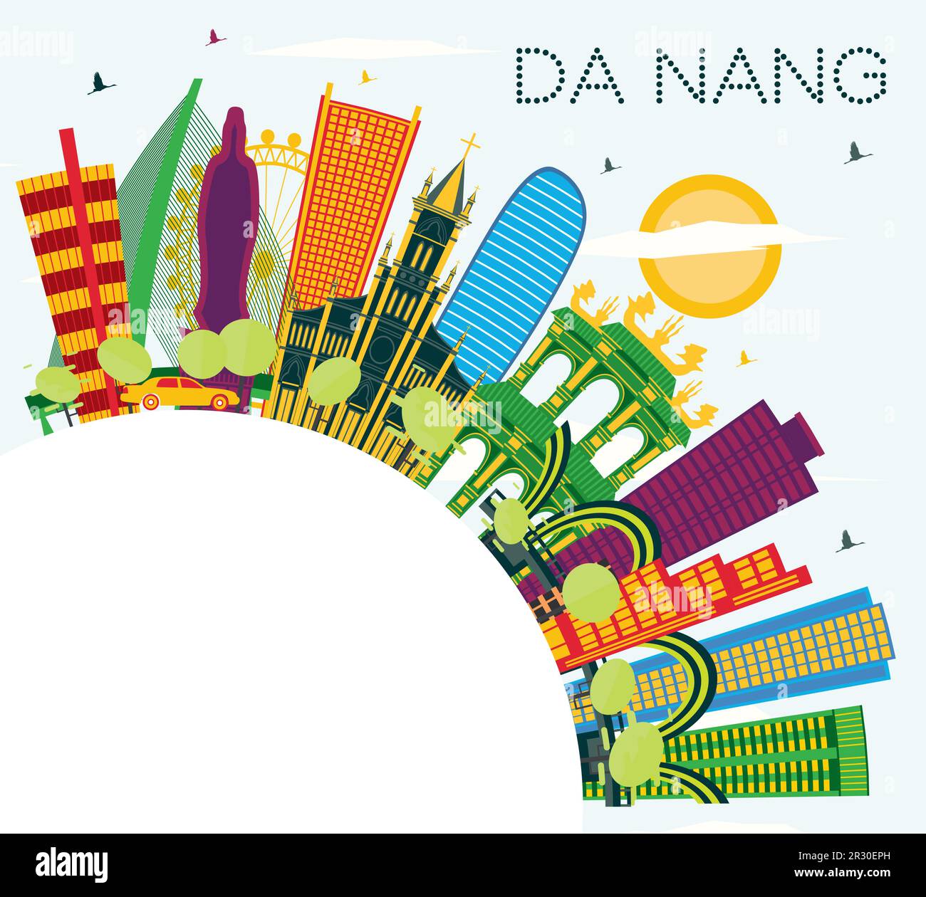 Da Nang Vietnam City Skyline con edifici a colori, Blue Sky e Copy Space. Illustrazione vettoriale. Illustrazione Vettoriale